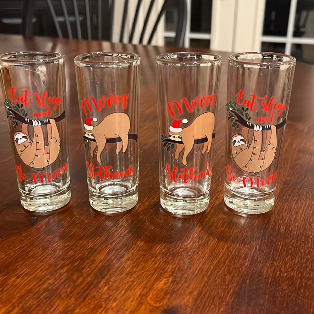 Bundle of four sloth Christmas shot glasses
